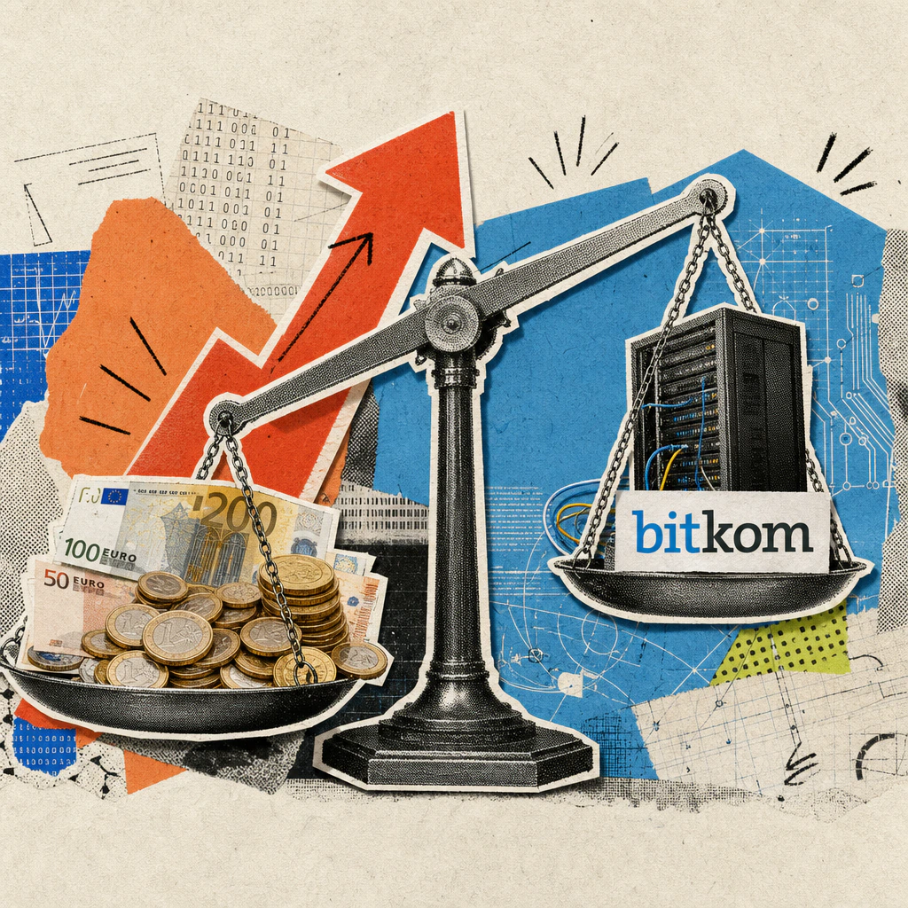 Eine überdimensionale Waage: Auf der einen Schale liegen Euro-Münzen und Geldscheine, auf der anderen ein Bitkom-Logo-Sticker neben einem kleinen Server-Rack – die Geld-Schale sinkt tief nach unten, während im Hintergrund ein roter Pfeil nach oben zeigt.