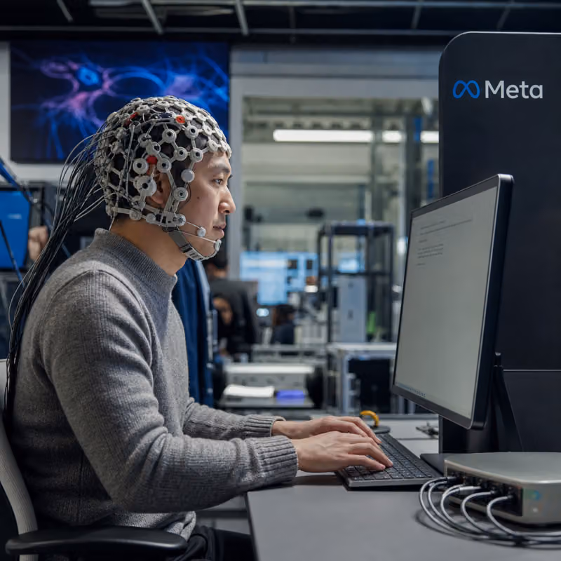 Fotorealistische Darstellung: Eine Person mit sensorbestückter MEG-Haube sitzt konzentriert an einer Tastatur, auf dem Monitor davor erscheint getippter Text, am Gerät ist das Meta-Logo zu sehen.