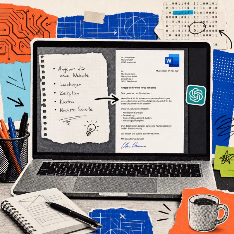Ein Laptop-Bildschirm zeigt links Stichpunkte, rechts einen fertigen Brief in Word, mit einem ChatGPT-Logo-Sticker an der Seitenleiste.