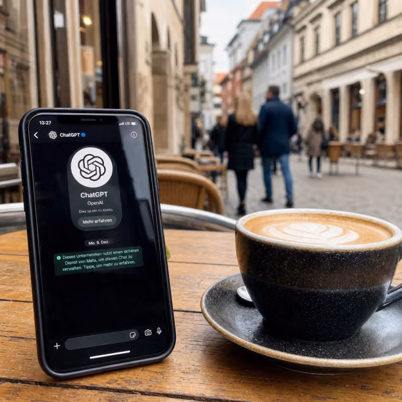 Smartphone mit WhatsApp und ChatGPT-Kontakt auf einem Cafétisch in europäischer Altstadt, daneben ein Cappuccino.