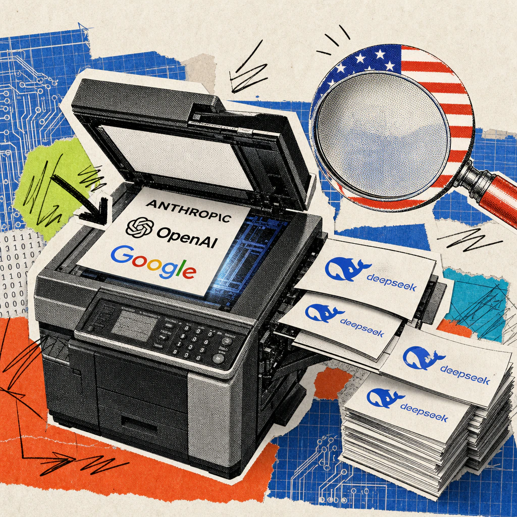 Ein Kopiergerät druckt Blätter mit dem DeepSeek-Logo aus einer Vorlage mit den Logos von Anthropic, OpenAI und Google, eine Lupe in US-Flaggenfarben schwebt darüber.