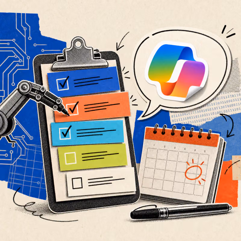 Ein Klemmbrett mit bunten Aufgabenkärtchen, aus einer Sprechblase mit Microsoft-Copilot-Logo-Sticker setzt sich automatisch ein Häkchen auf eine Checkliste.