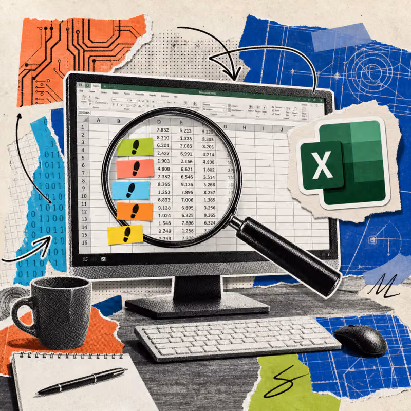 Eine Lupe schwebt über einer Excel-Tabelle auf einem Monitor, bunte Klebezettel markieren einzelne Zeilen, daneben ein Microsoft-Excel-Logo-Aufkleber.