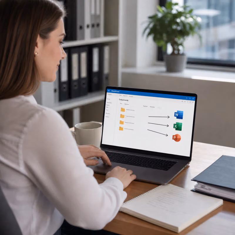 Büroangestellte am Schreibtisch, auf deren Laptop-Bildschirm sich ein SharePoint-Ordnersymbol in fertige Word-, Excel- und PowerPoint-Dateisymbole verwandelt.