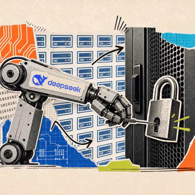 Ein Roboterarm mit einem DeepSeek-Logo-Aufkleber öffnet mit einem Dietrich ein Vorhängeschloss an einer Serverschrank-Tür, im Hintergrund ein Raster aus vielen kleinen Server-Symbolen.