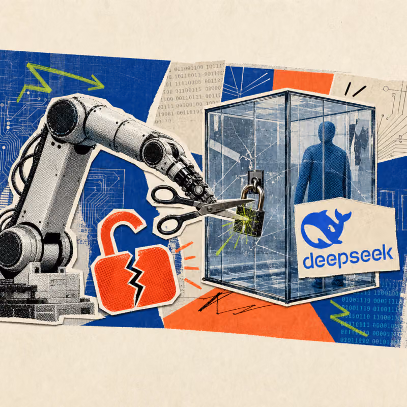 Ein Roboterarm durchtrennt von innen das Schloss eines gläsernen Käfigs, auf dem ein DeepSeek-Logo-Sticker klebt, daneben leuchtet ein aufgebrochenes rotes Vorhängeschloss-Symbol.