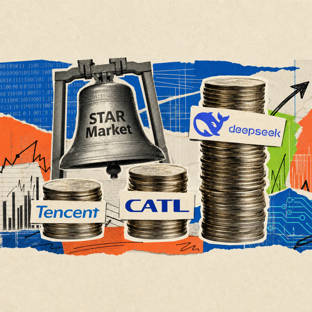 Ein hoher Münzturm mit DeepSeek-Logo wächst neben kleineren Münztürmen mit den Logos von Tencent und CATL vor einer Börsenglocke mit der Aufschrift STAR Market.
