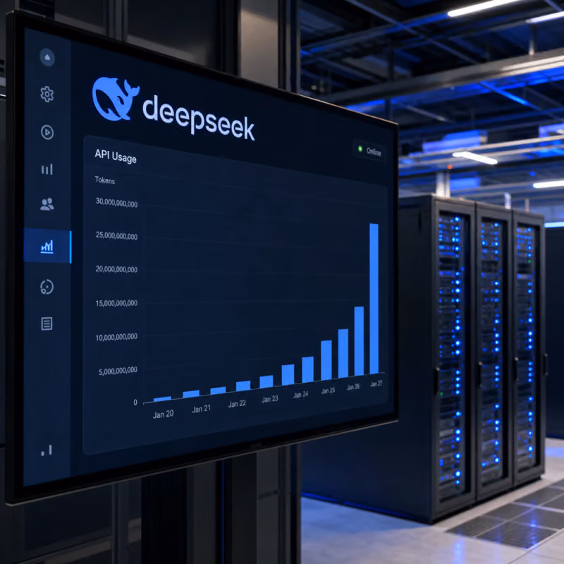 Ein Balkendiagramm mit deutlichem Ausschlag nach oben auf einem Monitor neben dem DeepSeek-Logo in einem Rechenzentrum symbolisiert den Punktesprung von V4 Flash 0731.