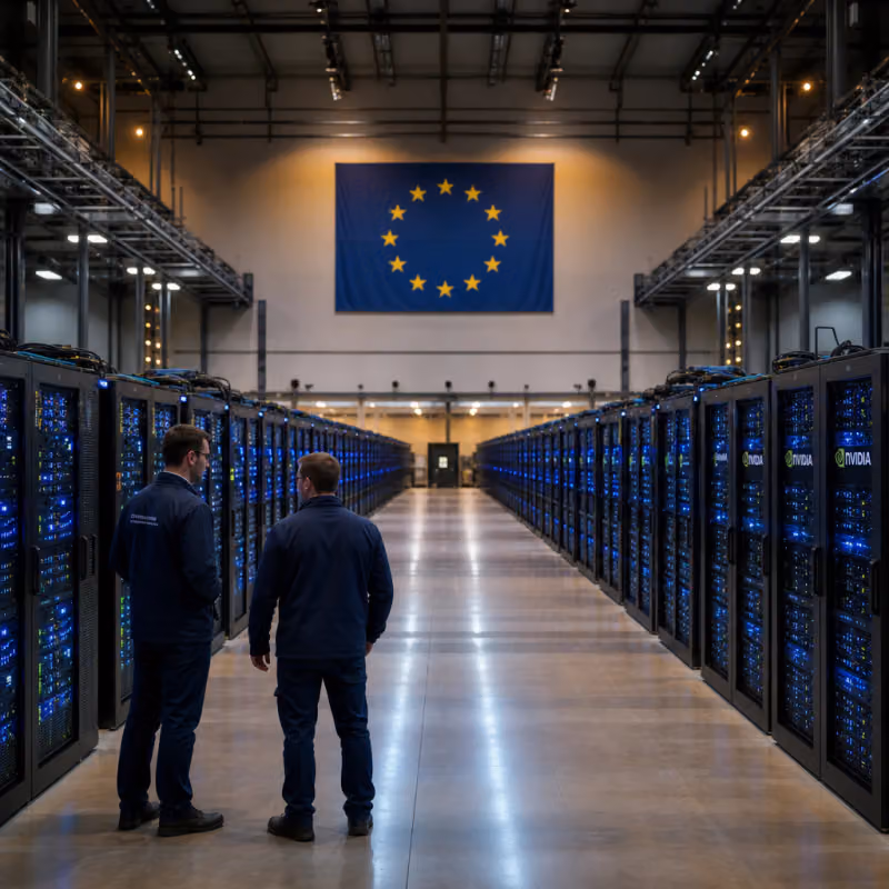 Halle eines europäischen KI-Rechenzentrums mit langen Reihen beleuchteter GPU-Serverschränke und einer EU-Flagge an der Stirnwand
