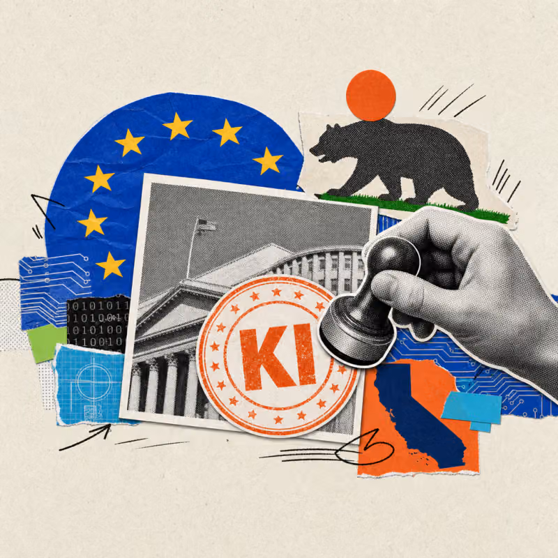Ein rundes Prüfsiegel mit der Aufschrift „KI" wird auf ein Foto gestempelt, umgeben von einem Ring aus EU-Sternen und der Silhouette eines kalifornischen Bären.