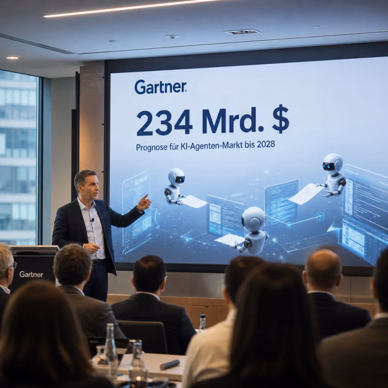 Fotorealistische Darstellung: Ein Vortragender zeigt auf eine Folie mit Gartner-Logo und „234 Mrd. $“, davor reichen roboterartige Software-Agenten Dokumente zwischen leuchtenden Bildschirmen hin und her.