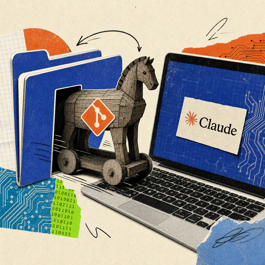 Ein hölzernes Trojanisches Pferd mit einem Git-Logo-Sticker auf der Flanke rollt aus einem geöffneten Ordner-Symbol auf eine Laptop-Tastatur mit einem Claude-Logo-Sticker am Bildschirmrand zu