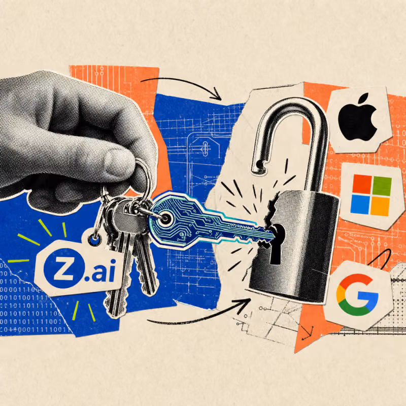 Eine Hand hält einen Schlüsselbund mit Z.ai-Logo-Sticker zurück, während sich ein Schlüssel in einen digitalen Dietrich verwandelt, der ein Vorhängeschloss aufbricht.