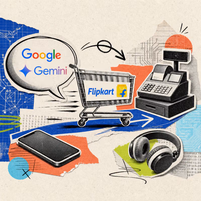 Ein Einkaufswagen mit dem Flipkart-Logo rollt aus einer Chat-Sprechblase mit dem Gemini-Logo direkt auf eine Registrierkasse zu, umgeben von einem Smartphone und Kopfhörern.