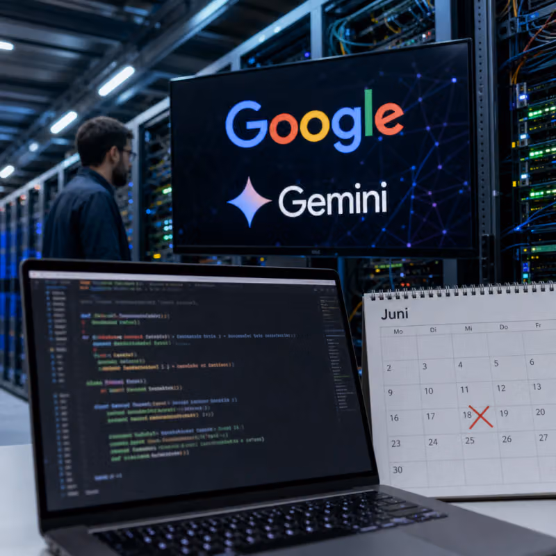 Gemini-Logo auf einem Bildschirm in einem Google-Rechenzentrum, im Vordergrund Programmcode und ein Kalenderblatt mit durchgestrichenem Juni-Termin