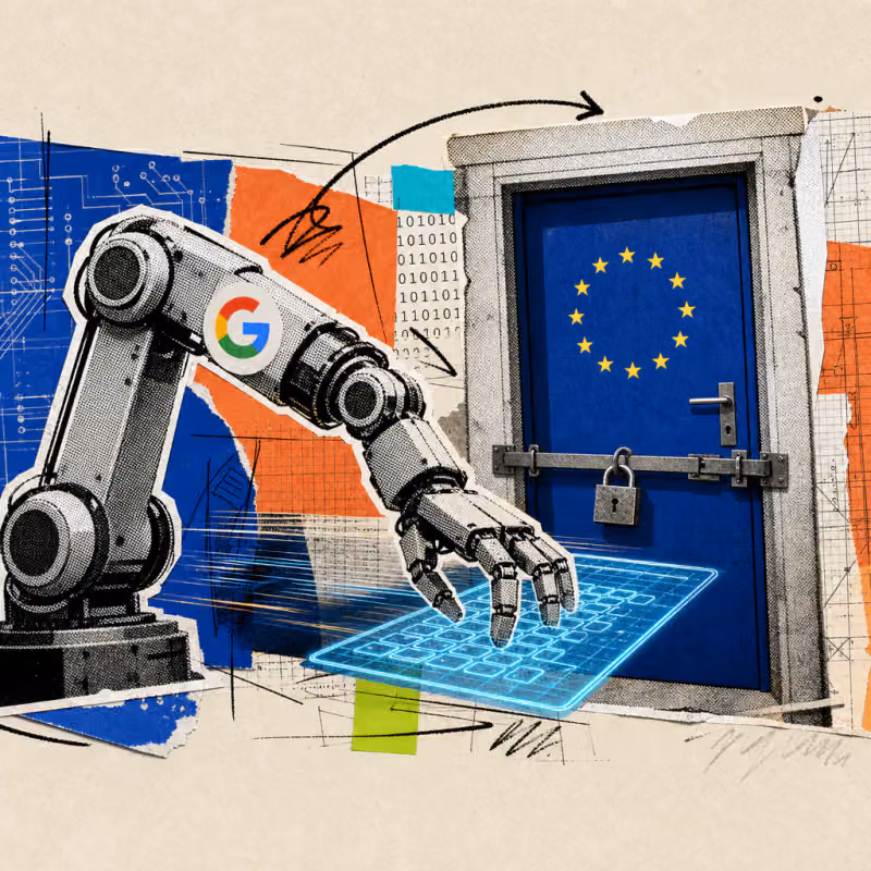 Ein Roboterarm mit aufgeklebtem Google-Logo tippt Code auf einer Tastatur, davor bleibt eine Tür mit blauem EU-Sternenkreis-Symbol verschlossen.