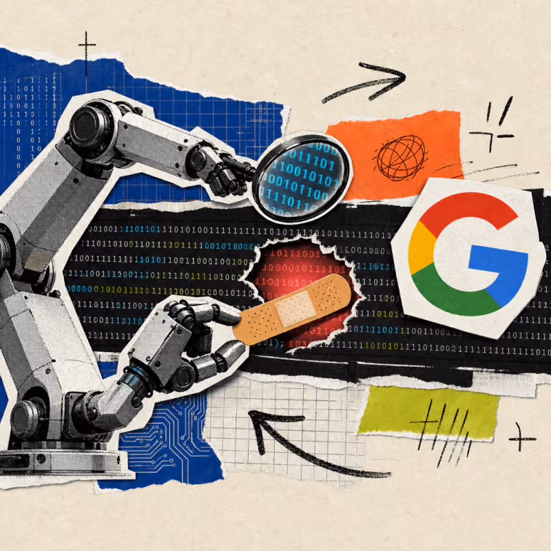 Ein Roboterarm mit Lupe untersucht Codezeilen und klebt ein Pflaster auf eine rot leuchtende Sicherheitslücke, daneben ein Google-Logo-Sticker.