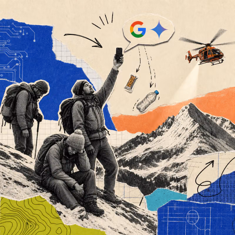 Drei erschöpfte Wanderer auf einem schneebedeckten Berghang bei Dämmerung, einer hält ein Smartphone mit einer Chat-Sprechblase des Google-Gemini-Logos hoch, aus der ein kleiner Proviantriegel und eine fast leere Wasserflasche fallen, im Hintergrund kreist ein Rettungshubschrauber über dem Gipfel.