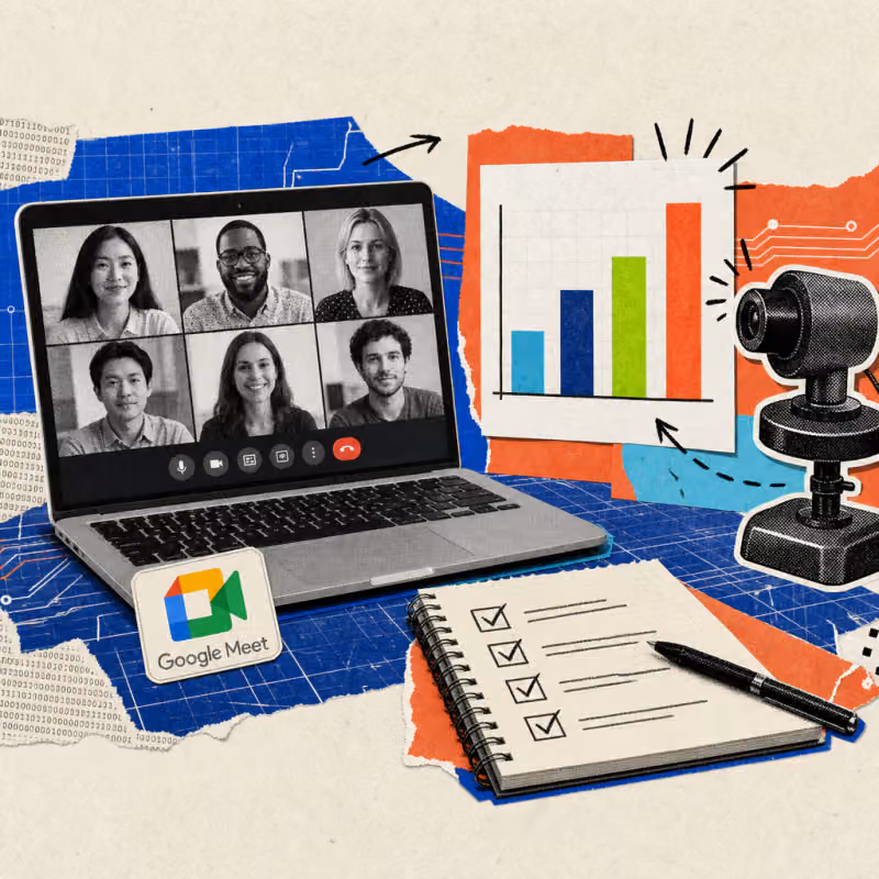 Ein Laptop zeigt ein Google-Meet-Videocall-Fenster, daneben schwebt eine Balkendiagramm-Folie, die von einer Kamera als Screenshot festgehalten wird, darunter liegt ein Notizblock mit abgehakten Punkten.