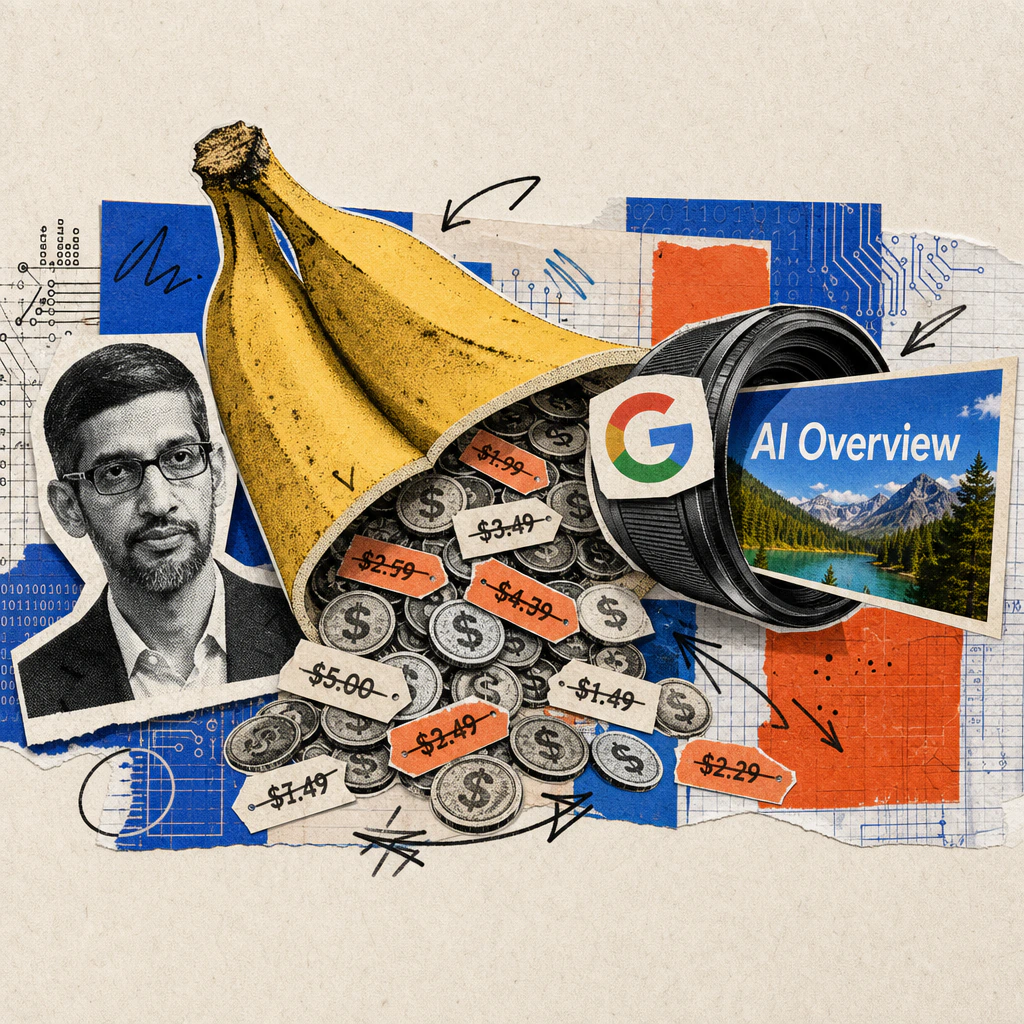 Eine aufgeschnittene Banane mit Google-Logo-Sticker, aus der Münzen mit durchgestrichenem, halbiertem Preisschild fallen, daneben ragt aus einer Kameralinse ein scharf gerendertes Bild mit lesbarem Text heraus.