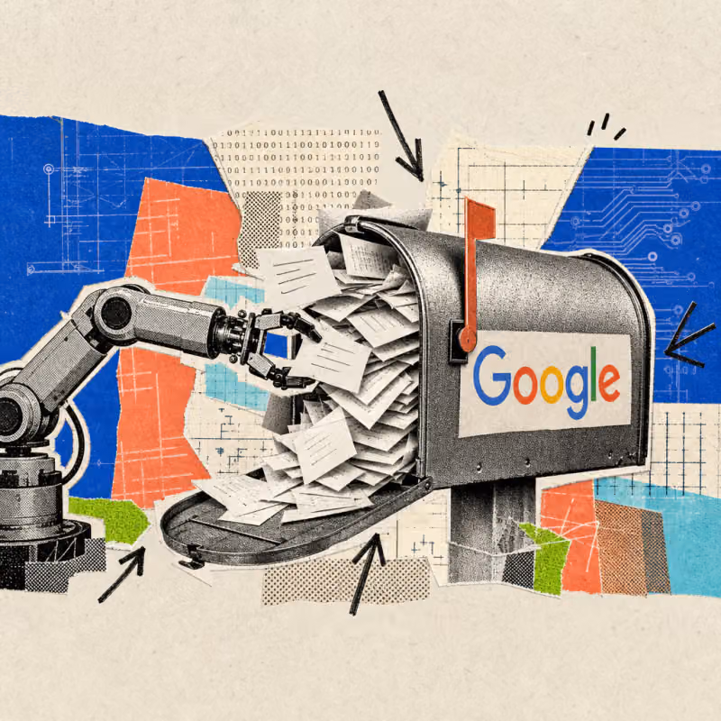 Ein Briefkasten mit Google-Logo quillt über vor Papierzetteln, ein Roboterarm stopft weitere Meldungen hinein.