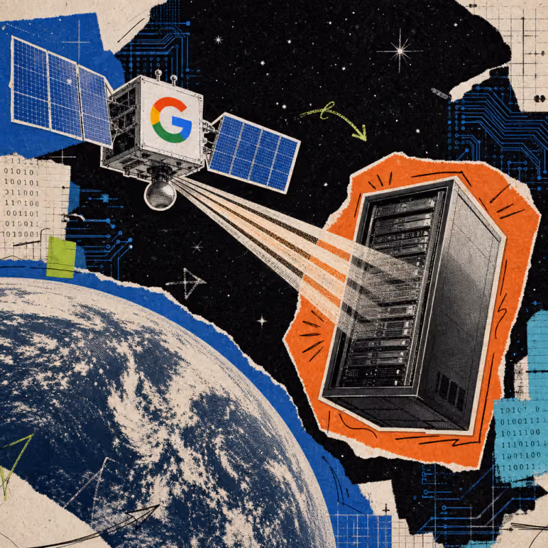 Ein Satellit mit aufgeklebtem Google-Logo schwebt über der Erde, seine Solarpaneele leiten Licht in einen daneben treibenden Rechenzentrums-Serverschrank.