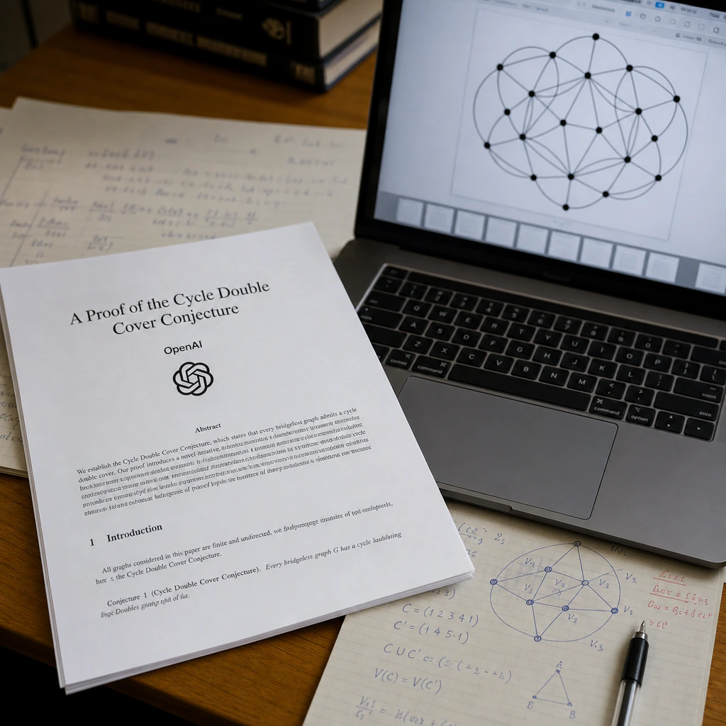Ausgedrucktes Beweisdokument zur Cycle-Double-Cover-Vermutung mit OpenAI-Logo neben einem Bildschirm mit einem Graphentheorie-Diagramm