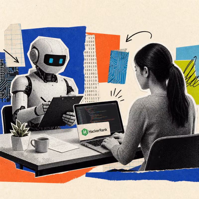 Ein roboterhafter Interviewer mit Klemmbrett sitzt einer Bewerberin an einem Laptop gegenüber, auf dessen Deckel ein HackerRank-Logo-Sticker klebt.