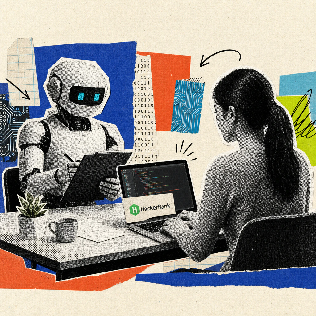 Ein roboterhafter Interviewer mit Klemmbrett sitzt einer Bewerberin an einem Laptop gegenüber, auf dessen Deckel ein HackerRank-Logo-Sticker klebt.