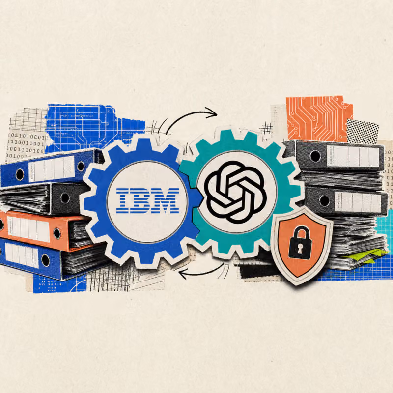 Ein IBM-Logo-Sticker und ein OpenAI-Logo-Sticker greifen wie zwei Zahnräder ineinander, umgeben von Aktenordnern und einem aufgeklebten Schutzschild-Symbol.