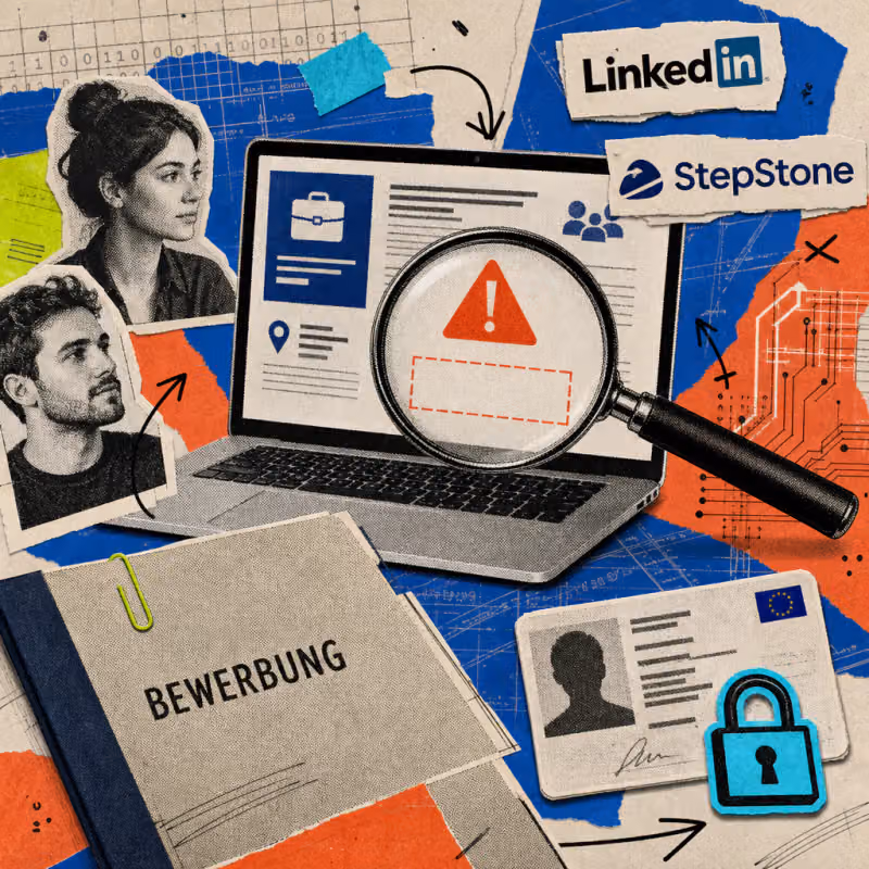 Eine Lupe vergrößert ein rotes Warnsymbol über dem leeren Impressum einer Stellenanzeige auf einem Laptop-Bildschirm, daneben liegen ein Personalausweis mit Schloss-Symbol und eine Bewerbungsmappe.