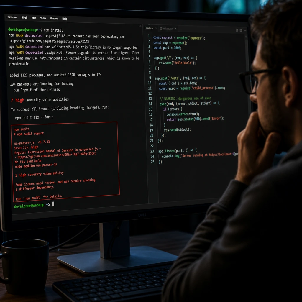 Monitor mit npm-Terminal und roter Sicherheitswarnung neben verdächtigem Code – Symbolbild für einen Supply-Chain-Angriff.