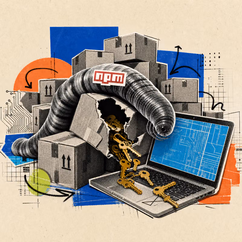 Ein digitaler Wurm mit npm-Logo-Sticker windet sich durch gestapelte Versandkartons, aus einem aufgerissenen Karton fallen goldene Schlüssel auf einen aufgeklappten Laptop