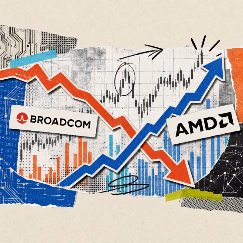 Ein rote Kurvenlinie mit dem Broadcom-Logo fällt scharf ab, während daneben eine blaue Kurvenlinie mit dem AMD-Logo auf einem Börsenraster nach oben steigt.