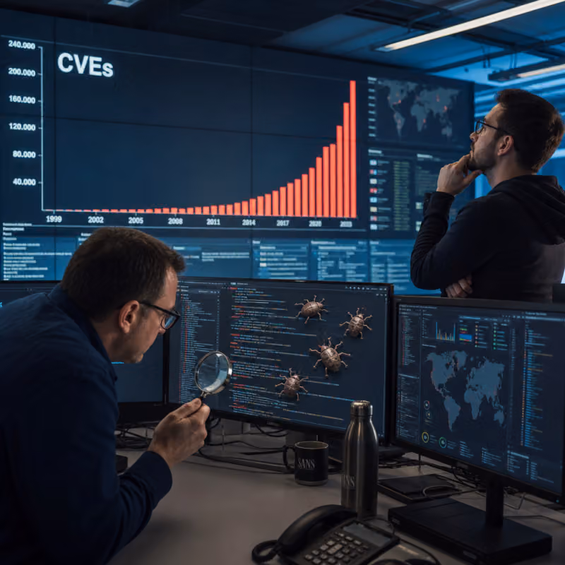 Fotorealistische Darstellung: In einem Security-Operations-Center steht vor einem steil steigenden Balkendiagramm „CVEs“ ein Analyst mit Lupe über einem Bildschirm, aus dem käferartige Symbole aus Codezeilen kriechen.