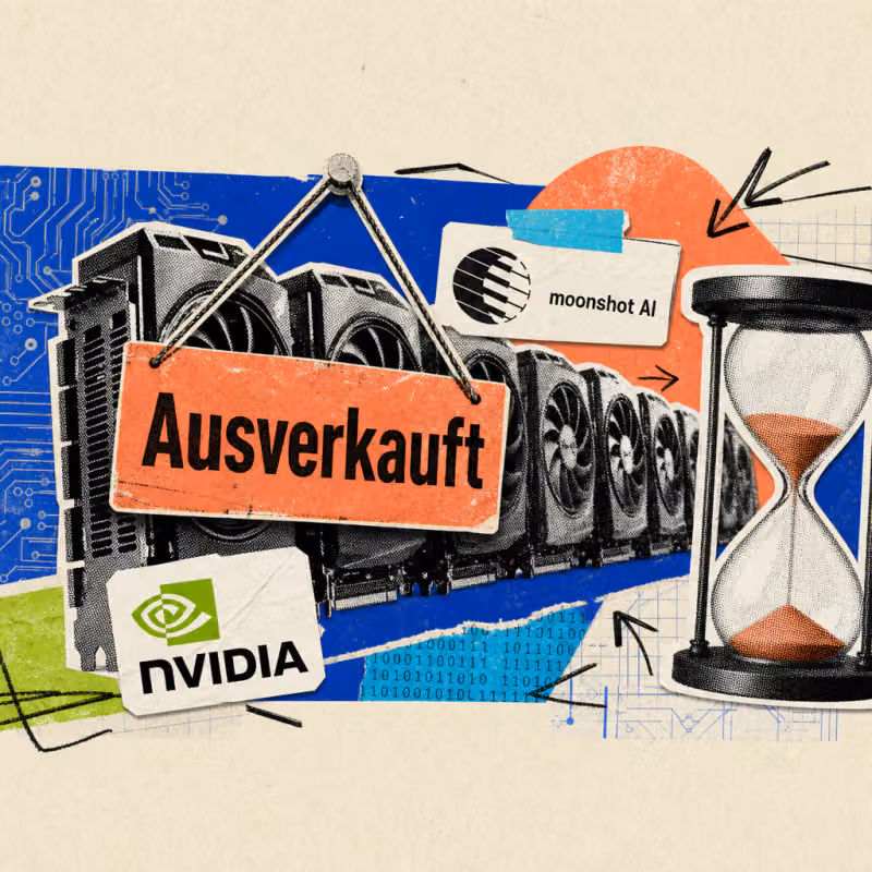 Ein Schild mit der Aufschrift "Ausverkauft" hängt vor einer Reihe von Grafikkarten-Chips mit aufgeklebtem Moonshot-AI-Logo, daneben symbolisiert eine Sanduhr den Engpass