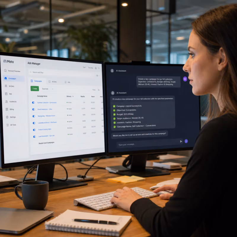 Marketing-Managerin am Schreibtisch mit dem Meta-Werbeanzeigenmanager auf einem Monitor und einem KI-Assistenten mit Werbebefehlen auf dem zweiten Bildschirm
