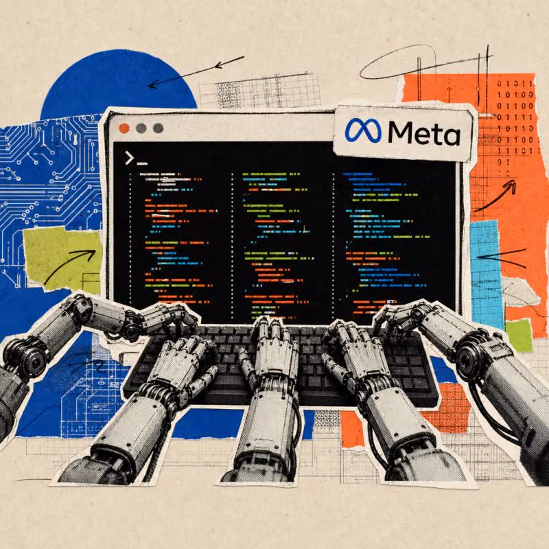Ein Terminal-Fenster mit Meta-Logo-Sticker, davor tippen mehrere kleine Roboterarme gleichzeitig parallele Codezeilen auf einer Tastatur.