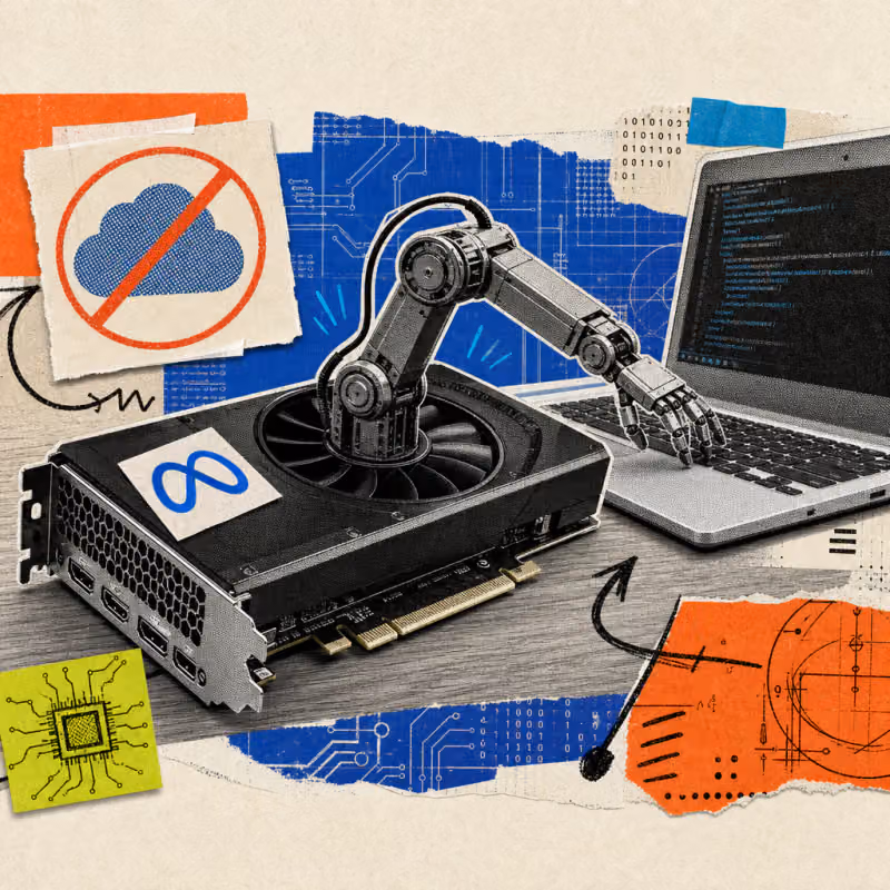 Eine Grafikkarte mit Meta-Logo-Sticker liegt auf einem Schreibtisch, aus ihrem Lüfter steigt ein kleiner Roboterarm und tippt auf einer Laptop-Tastatur, daneben schwebt eine durchgestrichene Wolke.