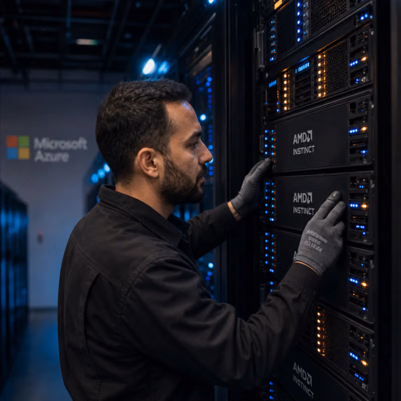 Techniker prüft ein AMD-Instinct-Servergestell mit leuchtenden Statusanzeigen in einem Rechenzentrum, im Hintergrund die Azure-Beschriftung von Microsoft