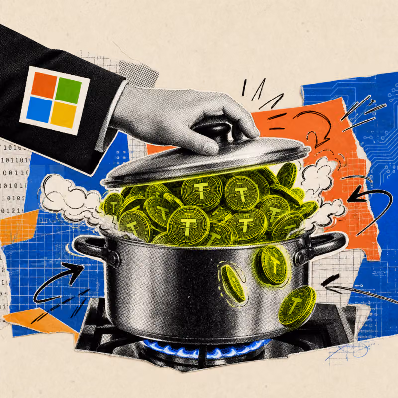 Eine Hand mit Microsoft-Logo-Sticker auf dem Ärmel presst einen Deckel auf einen überquellenden Topf voller leuchtender digitaler Münzen.