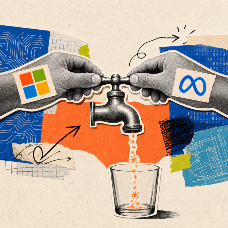 Zwei Hände mit Microsoft- und Meta-Logo-Sticker drehen gemeinsam an einem Wasserhahn, aus dem nur noch ein dünnes Rinnsal aus kleinen Claude-Sternsymbolen in ein fast leeres Glas tropft.