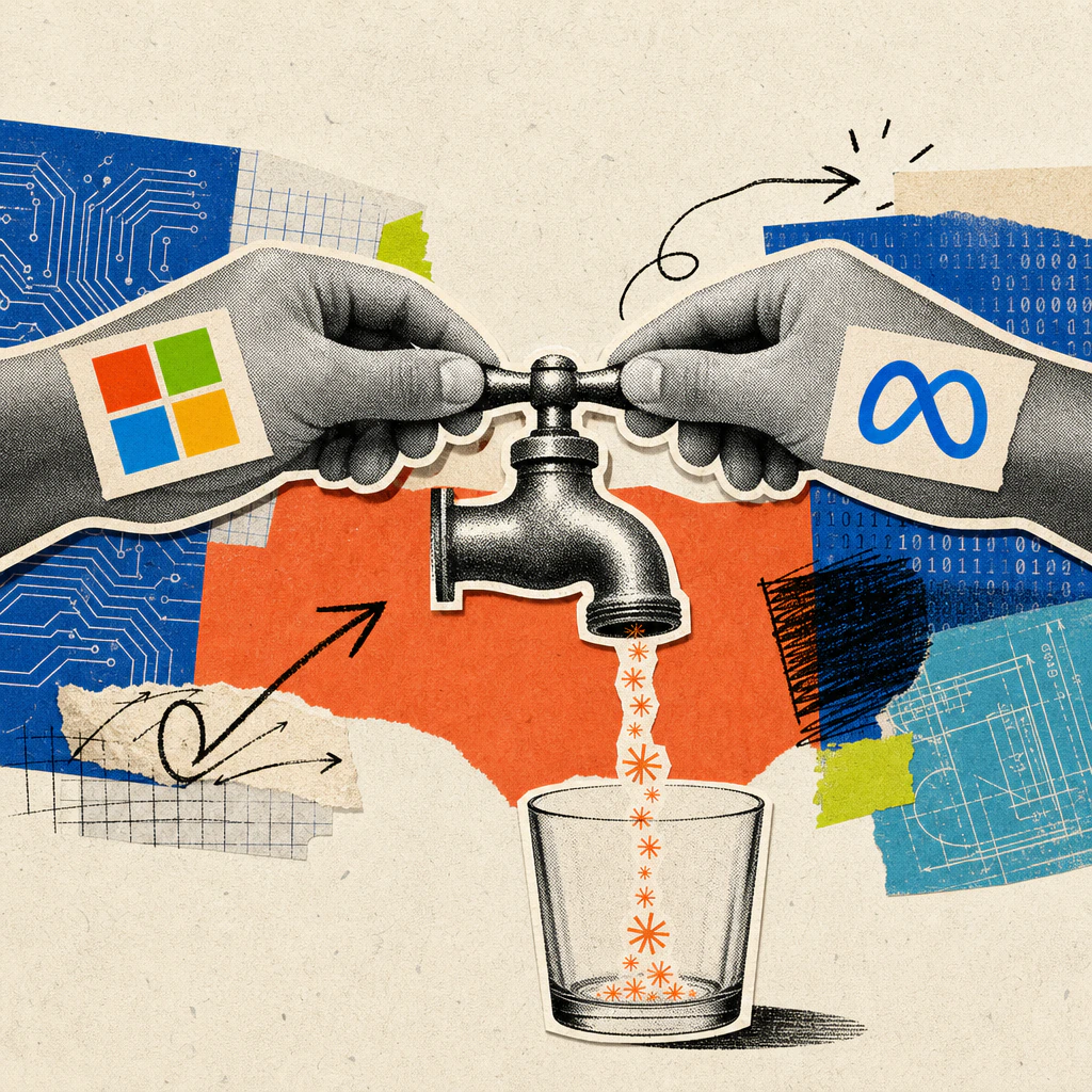 Zwei Hände mit Microsoft- und Meta-Logo-Sticker drehen gemeinsam an einem Wasserhahn, aus dem nur noch ein dünnes Rinnsal aus kleinen Claude-Sternsymbolen in ein fast leeres Glas tropft.