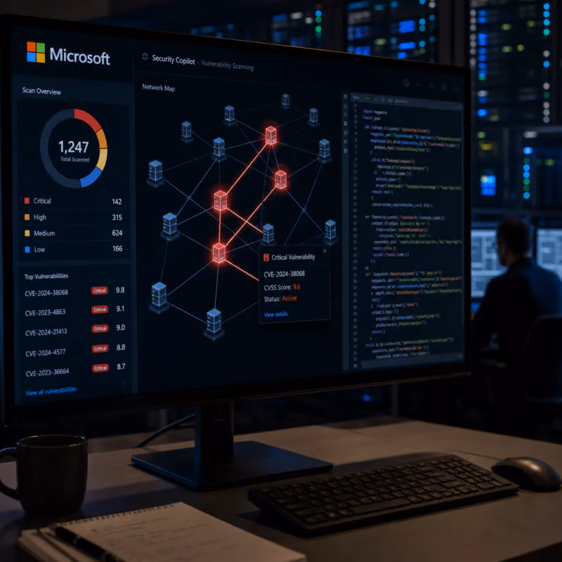 Bildschirm mit einer KI-gestützten Schwachstellen-Scan-Oberfläche und dem Microsoft-Logo in einem IT-Sicherheitszentrum