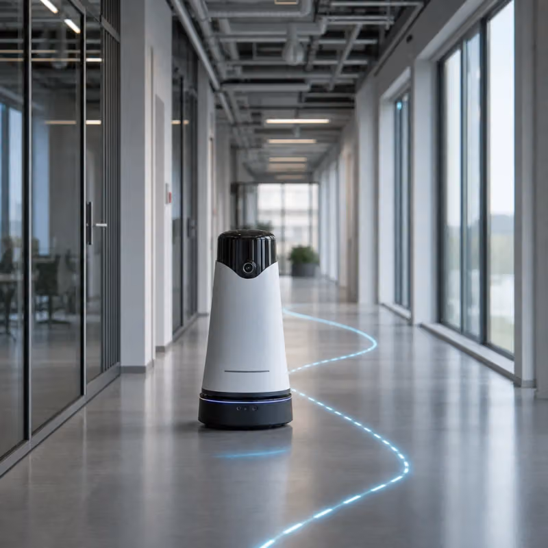 Abstrakte Illustration eines mobilen Roboters mit einer einzelnen Kamera, der einem leuchtenden Navigationspfad durch einen Bürokorridor folgt