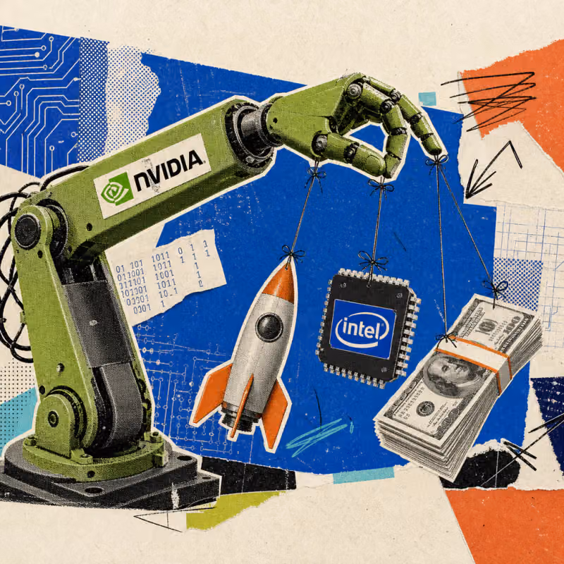 Ein grüner Roboterarm mit Nvidia-Logo-Aufkleber hält an Fäden eine Spielzeugrakete, einen Mikrochip mit Intel-Aufkleber und einen Stapel Dollar-Geldscheine wie Marionetten in der Luft.