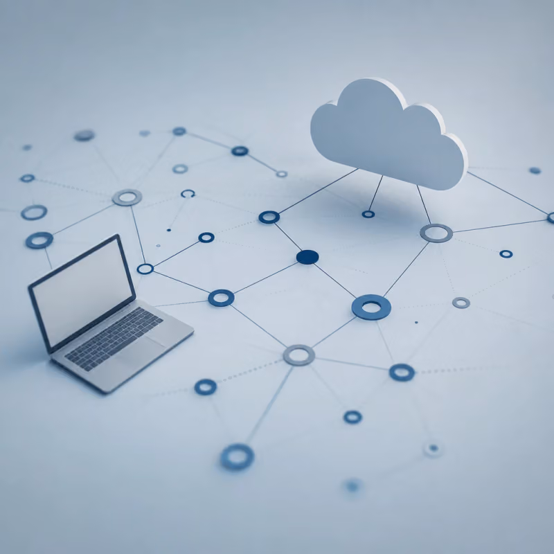 Abstrakte geometrische Illustration eines dezentralen Netzwerks zwischen Laptop- und Cloud-Symbol