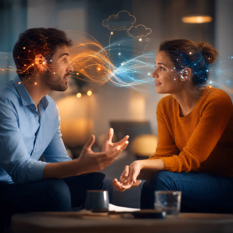 Bidirektionale Wellen und neuronale Streams - gleichzeitiges Hören und Sprechen visualisiert, menschliche Kommunikation und KI-Cognition verschmolzen