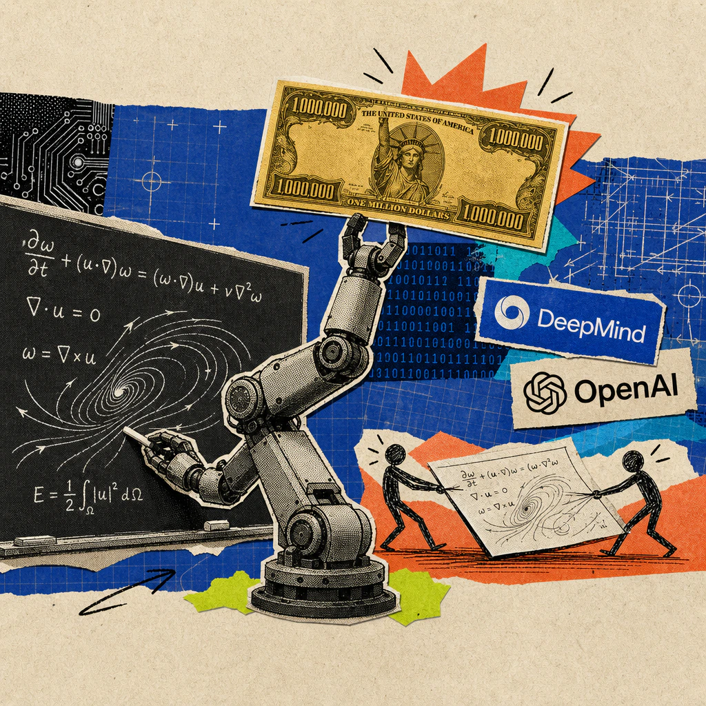 Ein Roboterarm hält eine übergroße Ein-Million-Dollar-Banknote wie eine Trophäe hoch und schreibt Fluid-Wirbel-Formeln an eine Tafel, im Hintergrund ziehen zwei Strichfiguren an einem Blatt mit denselben Formeln
