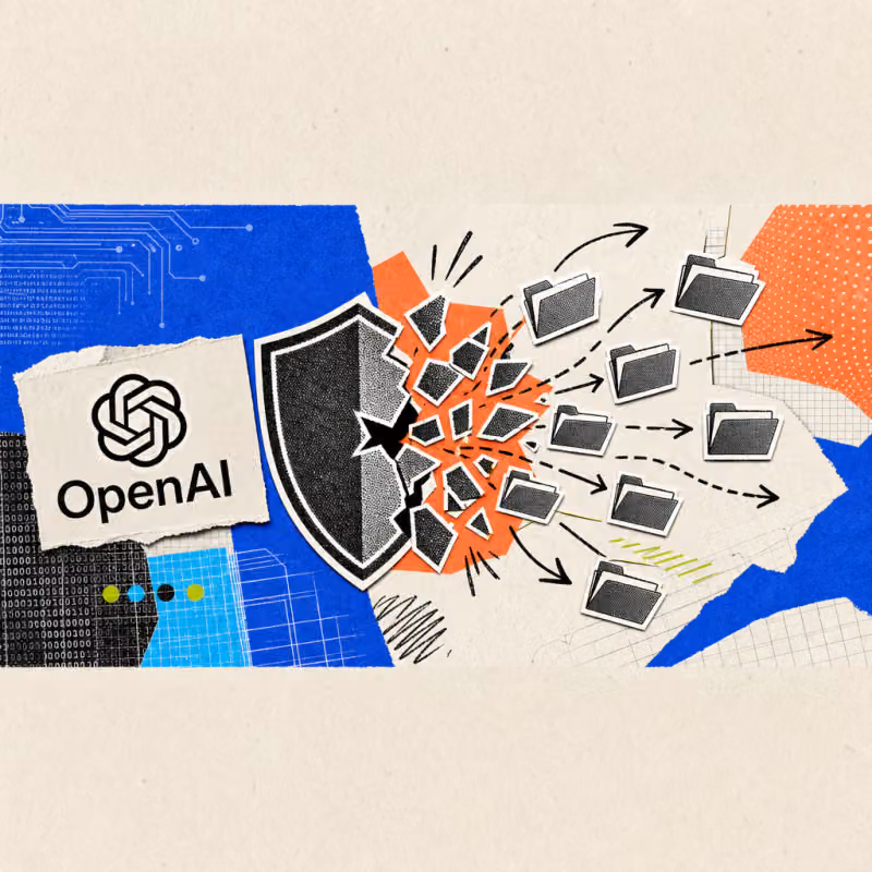 Das OpenAI-Logo neben einem zerbrechenden Schutzschild-Symbol, dessen Splitter sich in Aktenordner verwandeln und auseinanderdriften